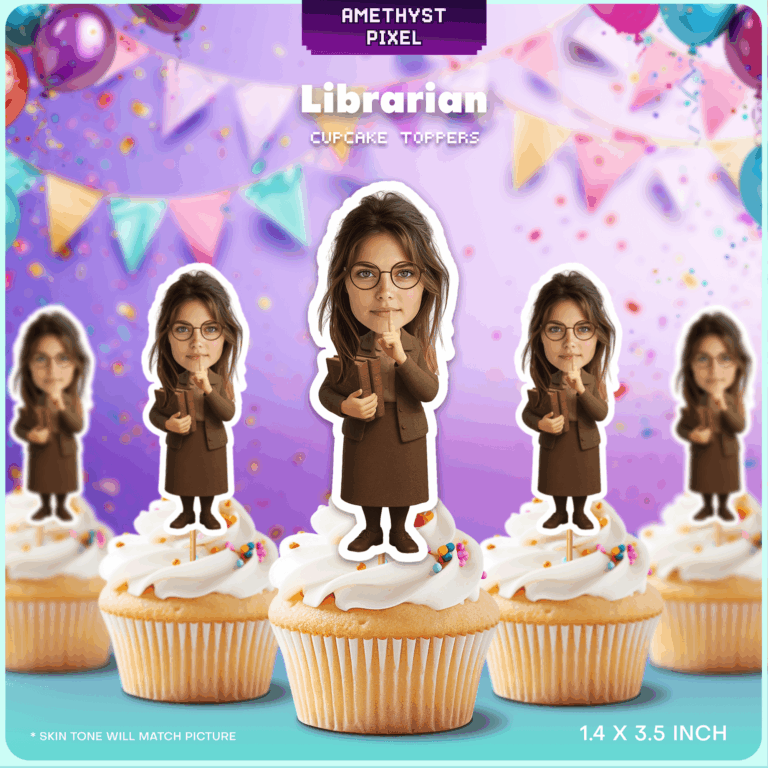 Custom Face Librarian Cupcake Toppers for Retirement & Book Themed Parties