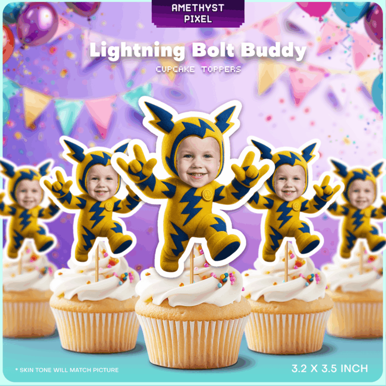 Custom Electric Mouse Face Cupcake Toppers - Personalized Lightning Bolt Party Decoration