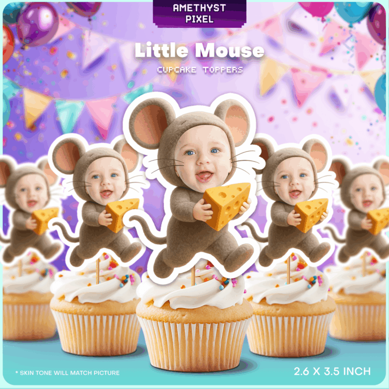 Personalized Little Mouse Face Cupcake Toppers – Cute Cheese Theme Birthday Printable