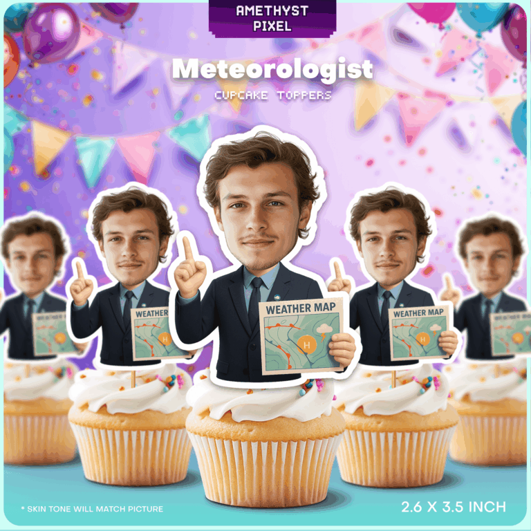 Custom Meteorologist Photo Cupcake Toppers with Weather Map Prop