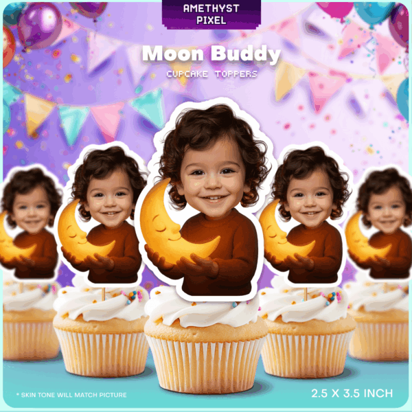 Custom Face Moon Buddy Cupcake Toppers - Personalized Celestial Birthday Party Decoration - Printable Digital Download