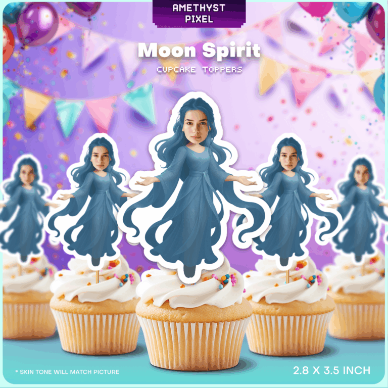 Printable Custom Face Moon Spirit Cupcake Toppers - Personalized Celestial Blue Gown Party Decor