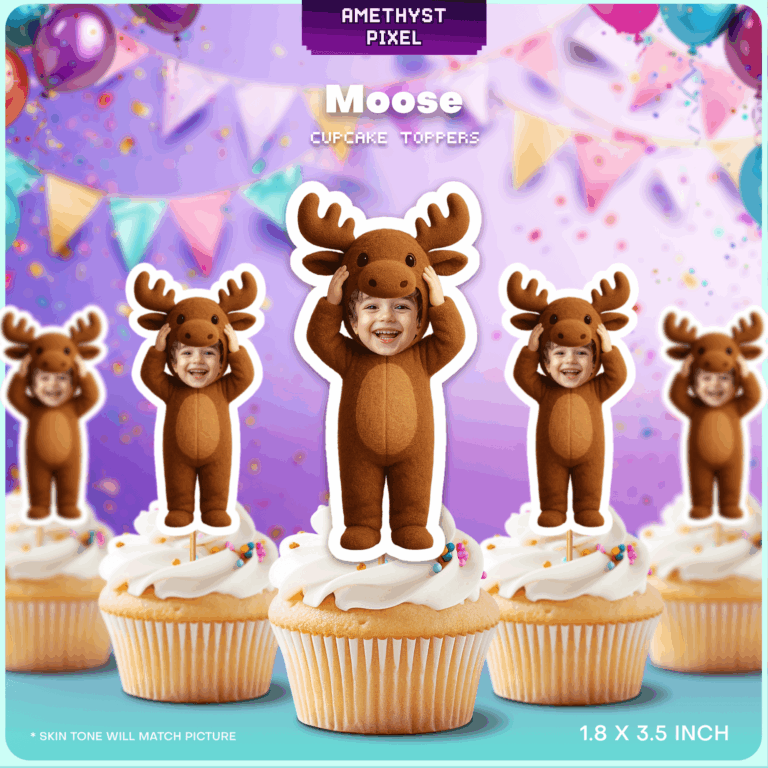 Custom Face Moose Cupcake Toppers – Printable Woodland Birthday Party Decor