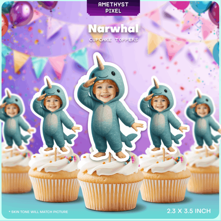 Custom Narwhal Cupcake Toppers Featuring Your Photo - Printable Ocean Party Décor