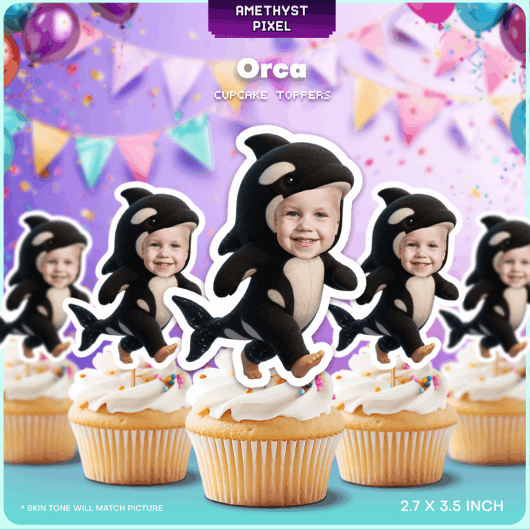 Personalized Orca Cupcake Toppers with Your Face - Printable Killer Whale Party Decorations