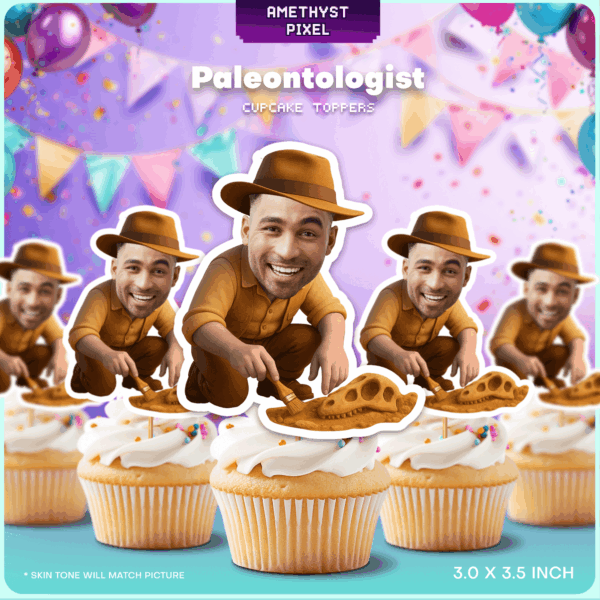 Custom Paleontologist Cupcake Toppers - Personalized Dinosaur Fossil Hunter Party Decor