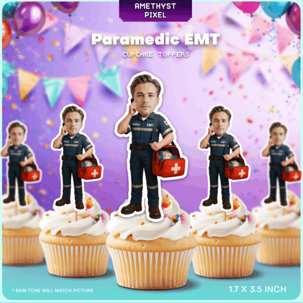Custom Face EMT Paramedic Cupcake Toppers for Graduation & Medical Parties