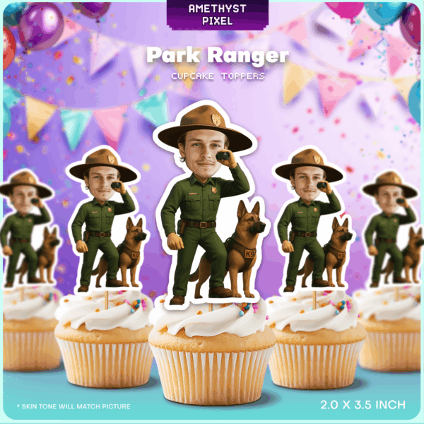 Custom Park Ranger Cupcake Toppers with Face – Printable K9 & Binoculars Outdoor Party Decor