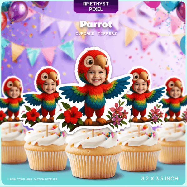 Custom Photo Parrot Cupcake Toppers for Tropical Jungle Birthday Parties
