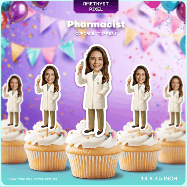 Custom Face Pharmacist Cupcake Toppers for Pharmacy Graduation & White Coat Parties