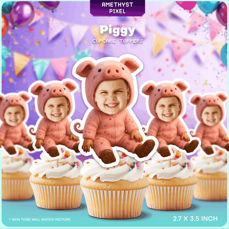 Personalized Piggy Cupcake Toppers – Custom Face Farm Animal Party Decoration