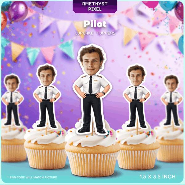 Custom Pilot Face Cupcake Toppers – Personalized Aviation & Airplane Party Supplies
