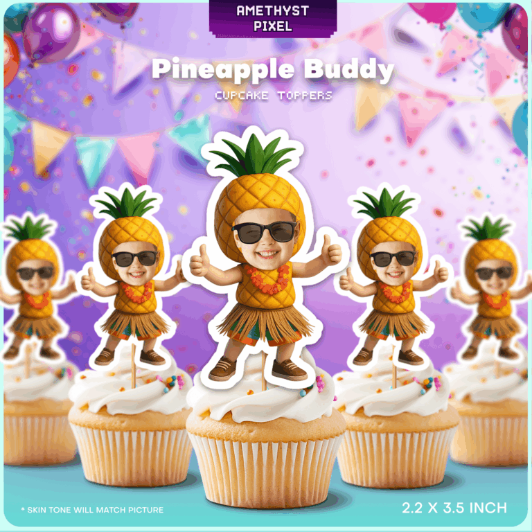 Custom Face Pineapple Cupcake Toppers – Printable Tropical Hula Birthday Party Decoration