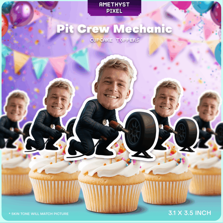 Custom Face Pit Crew Mechanic Cupcake Toppers for Racing Parties