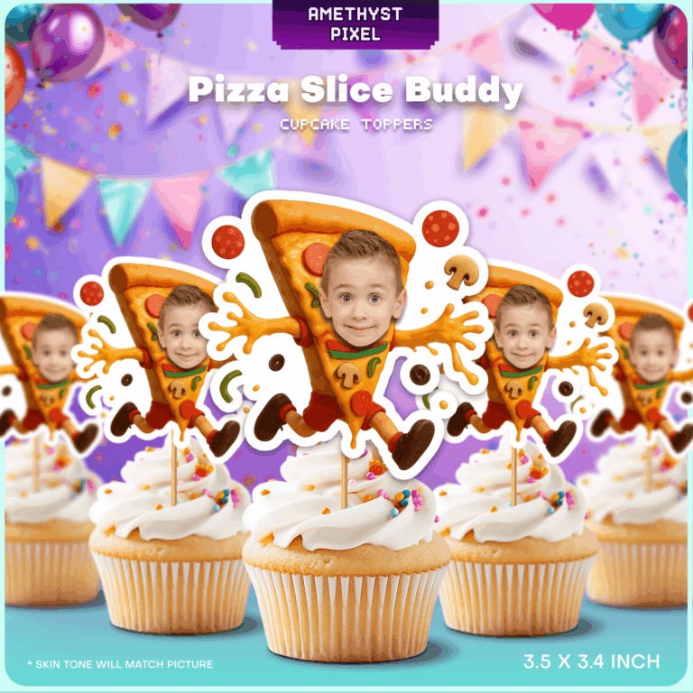 Custom Face Pizza Slice Cupcake Toppers for Kids Birthday Party Printable