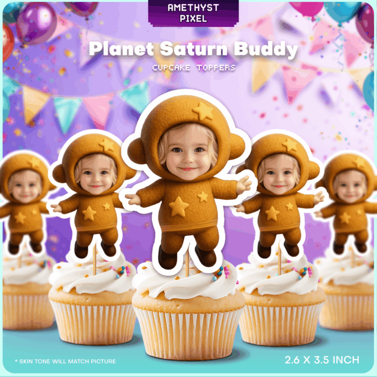 Custom Planet Saturn Buddy Photo Cupcake Toppers - Printable Space Theme Décor for Kids