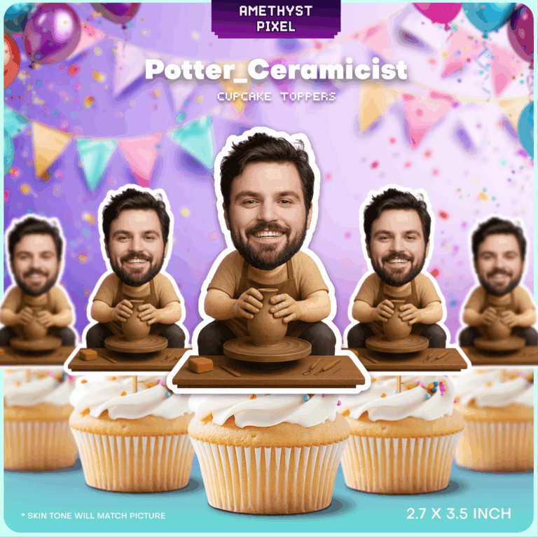 Custom Pottery Face Cupcake Toppers - Funny Ceramicist Birthday Party Decoration
