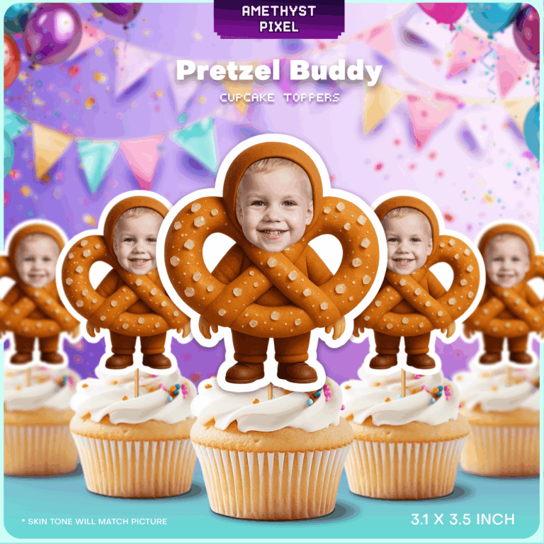 Custom Face Pretzel Cupcake Toppers – Personalized Food Theme Party Decorations