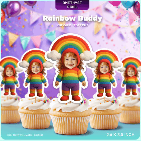 Custom Rainbow Buddy Face Cupcake Toppers - Personalized Photo Party Decor