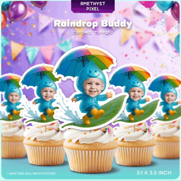Custom Face Raindrop Buddy Cupcake Toppers – Printable Rainbow & Weather Theme Party Decor