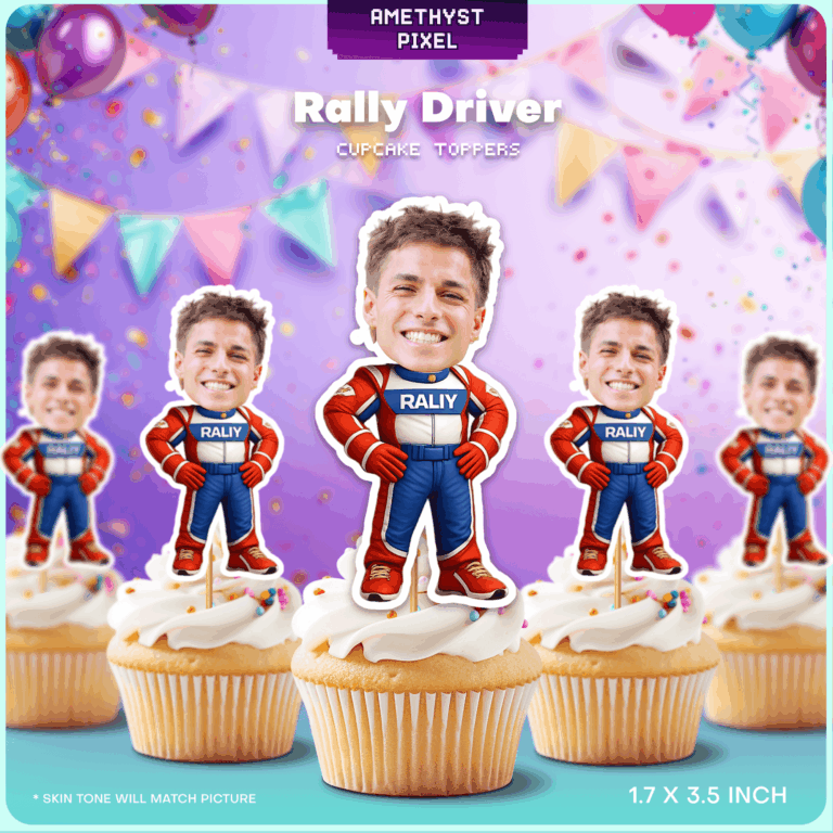 Personalized Rally Driver Face Cupcake Toppers for Racing Themed Parties