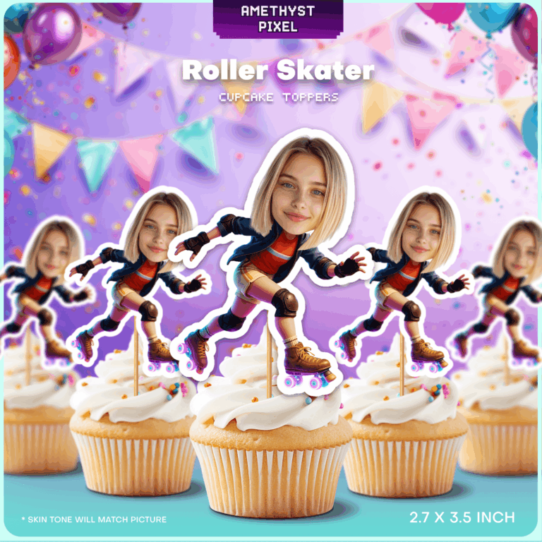Personalized Roller Skater Cupcake Toppers Custom Face Birthday Party Printable