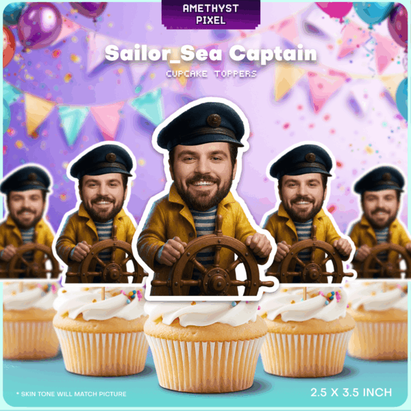 Custom Sea Captain Face Cupcake Toppers - Nautical Birthday Party Decor