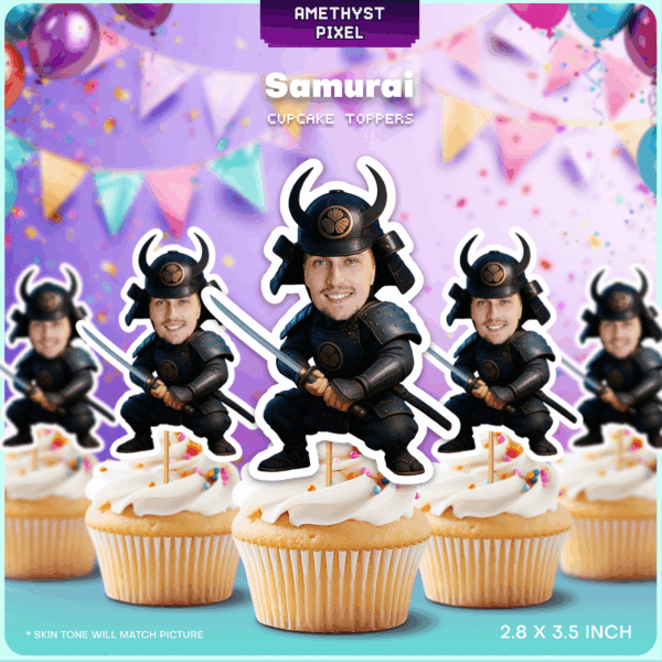 Personalized Samurai Cupcake Toppers β Custom Photo Warrior Party Decorations