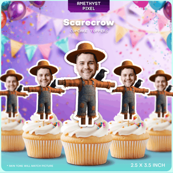 Printable Custom Scarecrow Face Cupcake Toppers for Farm & Harvest Parties