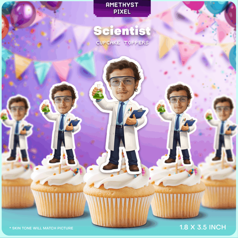 Custom Scientist Face Cupcake Toppers – Printable Science Lab & Chemistry Party Decorations