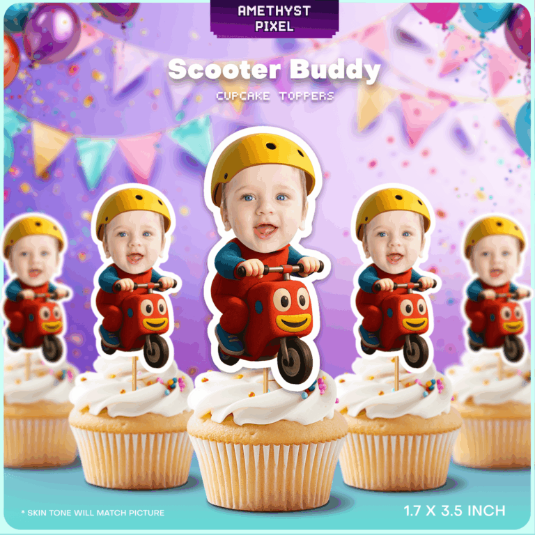 Personalized Scooter Birthday Cupcake Toppers - Custom Face Red Bike Party Decoration