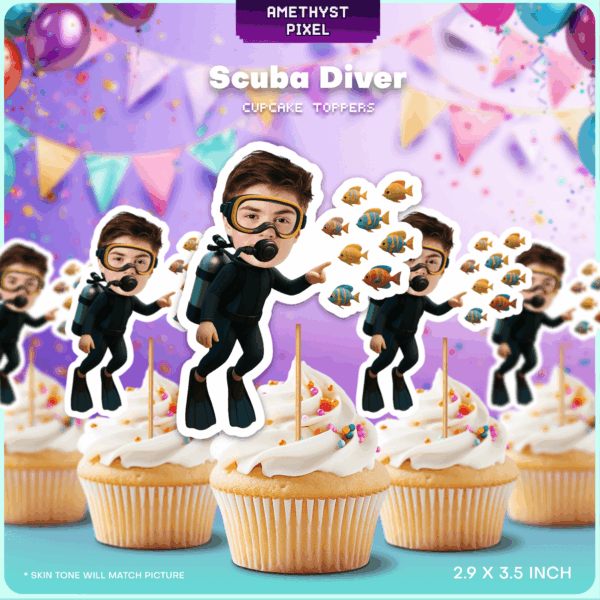 Personalized Scuba Diver Face Cupcake Toppers for Underwater Birthday Parties