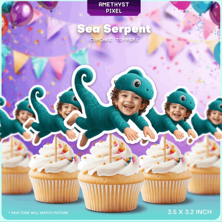Custom Face Sea Serpent Cupcake Toppers - Printable Ocean Monster Birthday Party Decor