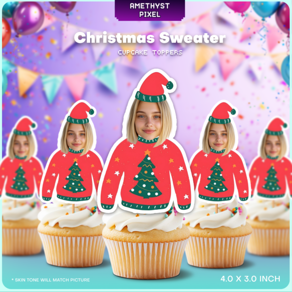 Custom Face Christmas Sweater Cupcake Toppers - Personalized Holiday Party Decor