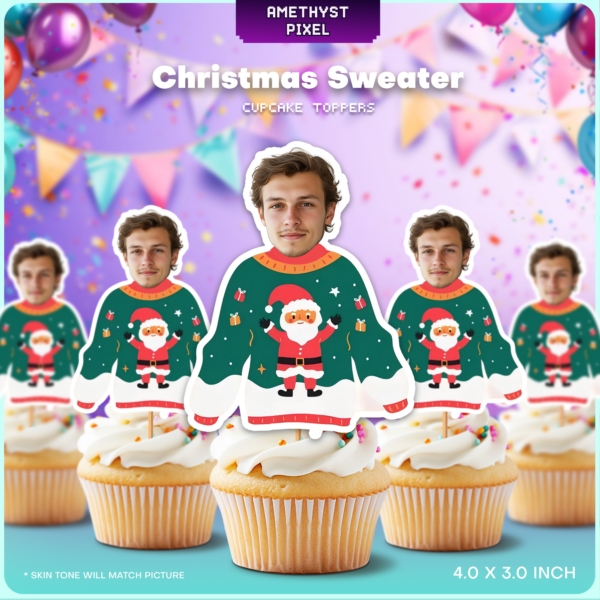 Personalized Face Christmas Sweater Cupcake Toppers for Holiday Parties