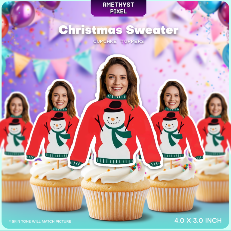 Custom Face Ugly Christmas Sweater Cupcake Toppers - Printable Snowman Theme Party Decor