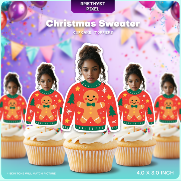 Personalized Christmas Ugly Sweater Face Cupcake Toppers - Printable Holiday Party Decor