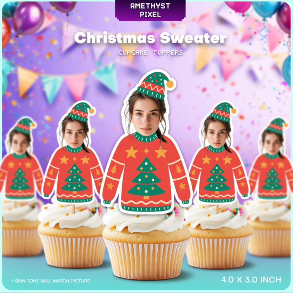 Personalized Ugly Christmas Sweater Face Cupcake Toppers - Printable Holiday Decor