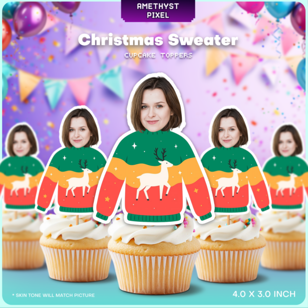 Custom Face Ugly Christmas Sweater Cupcake Toppers Printable Holiday Decor