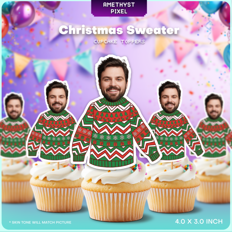 Funny Custom Face Ugly Christmas Sweater Cupcake Toppers – Printable Holiday Party Decor