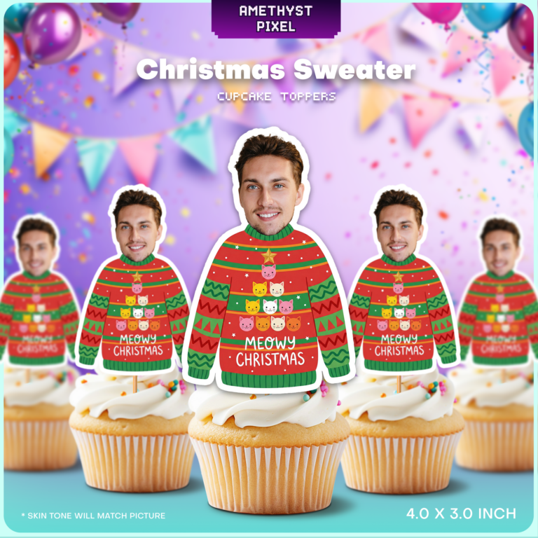 Custom Face Meowy Christmas Sweater Cupcake Toppers – Printable Cat Theme Party Decor